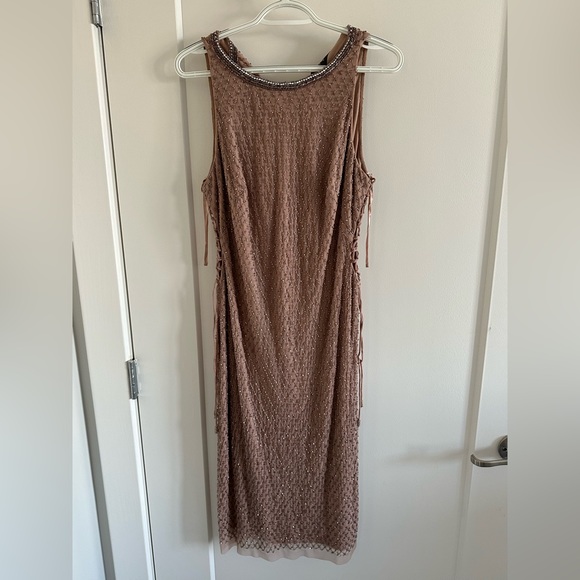 Adrianna Papell SZ12 beaded wedding guest dress. Metallic with cut out side ties - Picture 1 of 5